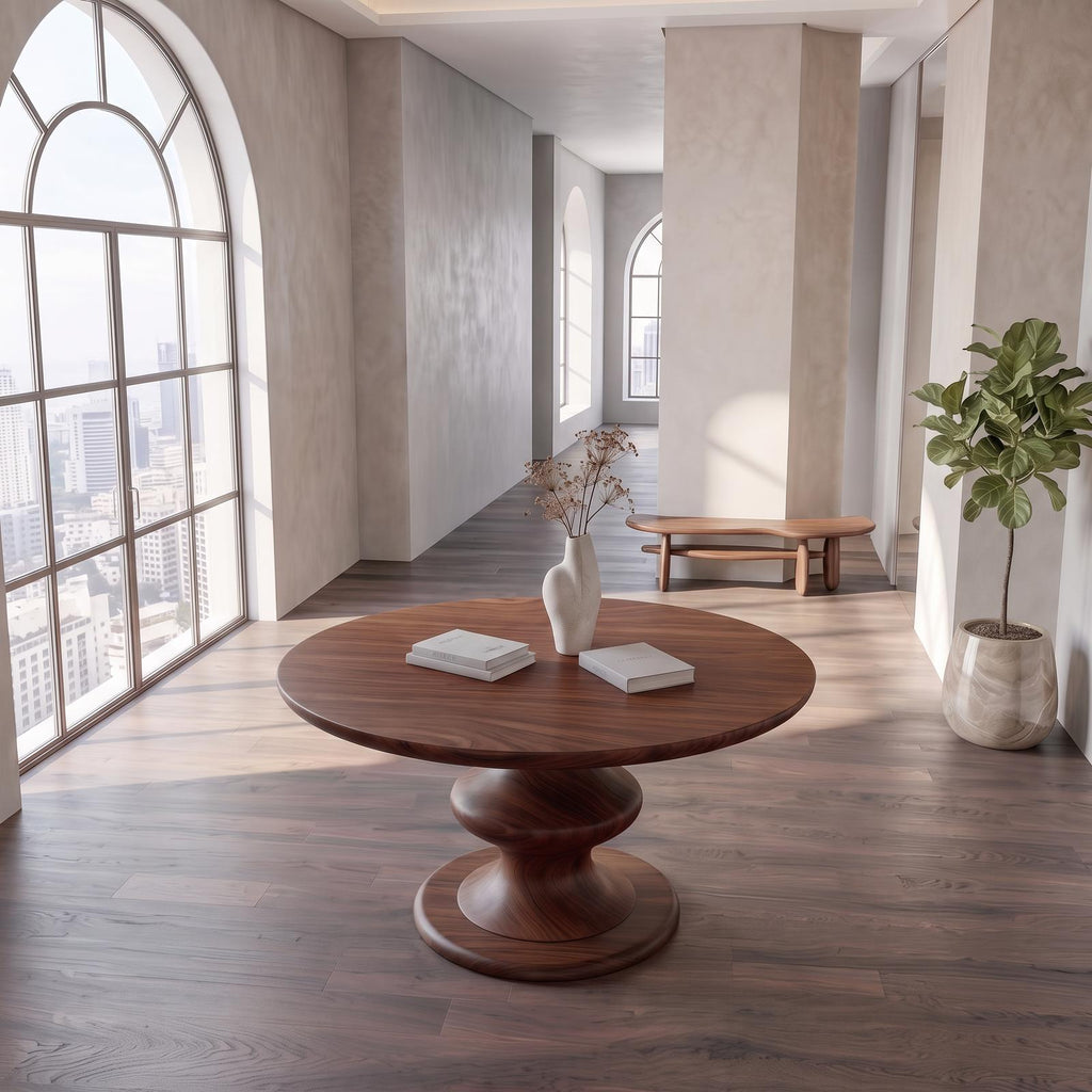 Contemporary Round Foyer Table, Turned Solid Wood Pedestal Entryway & Accent Hallway Table
