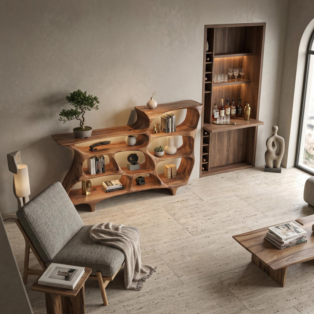 Organic Bookshelf, Handcrafted Modern Wood Multi-Tier Open Storage Display Rack Case for Living Room & Office