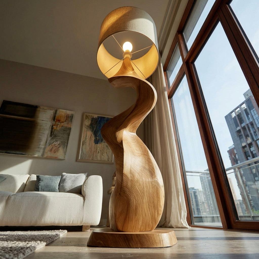 Spry Interior Modern Natural Wood Sculptural Floor Lamp, Artistic Handcrafted Tall Standing Accent Light for Living Room, Model RTTHHNLAM068