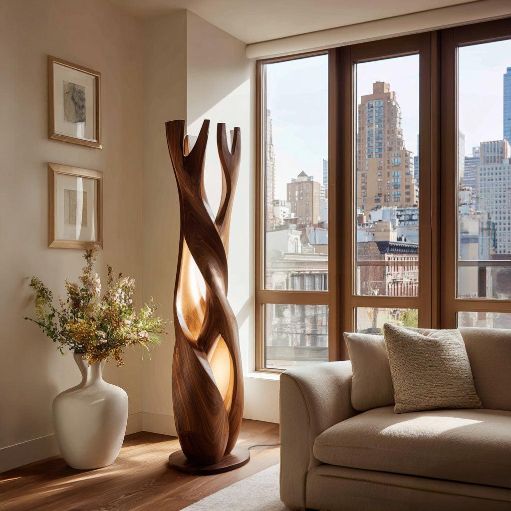 Statement Wooden Sculpture Lamp, Sculptural Solid Wood Artistic Accent Light for Luxury Home Living Room, Model