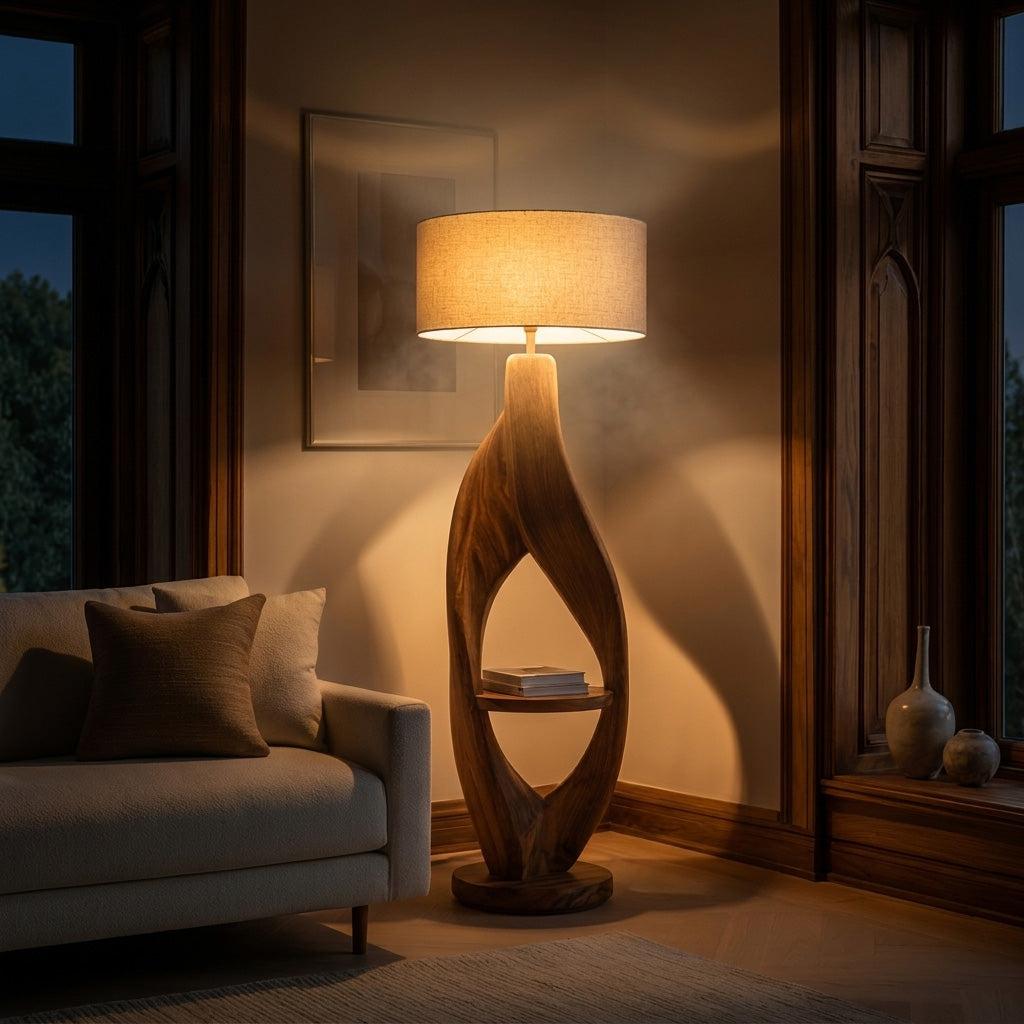 Organic Style Natural Wood Floor Lamp, Rustic Solid Wood Tall Standing Light for Cozy Living Room Decor, Model