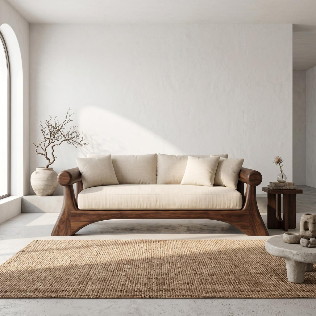 Minimalist Sofa Frame With Curved Solid Wood Arms For Living Room
