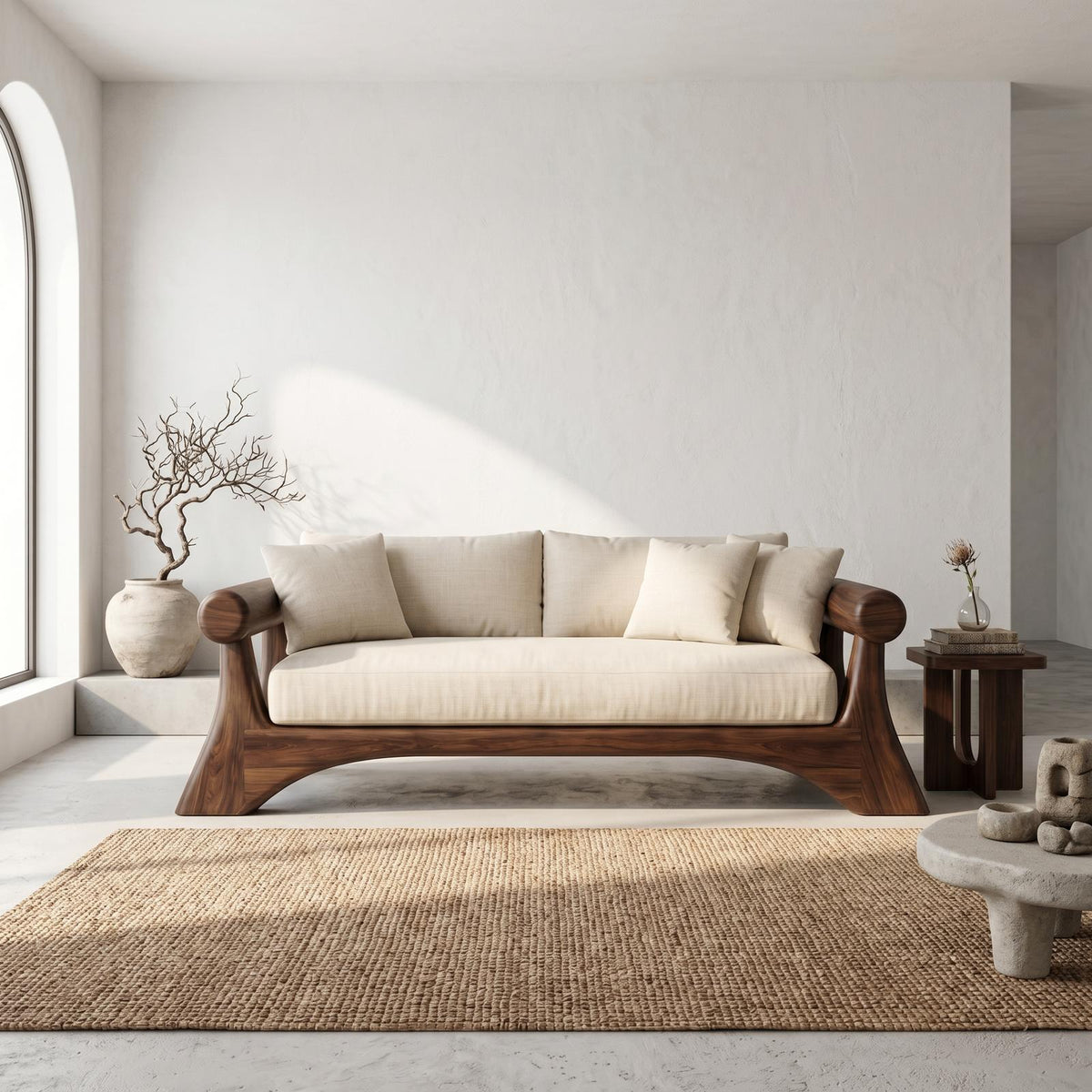 Minimalist Sofa Frame With Curved Solid Wood Arms For Living Room