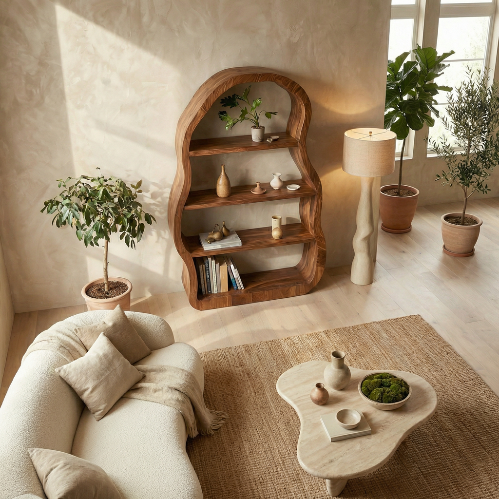 Modern Sculptural Bookshelf, Solid Wood Geometric Bookcase & Display Rack for Office, Living Room Reading Corner