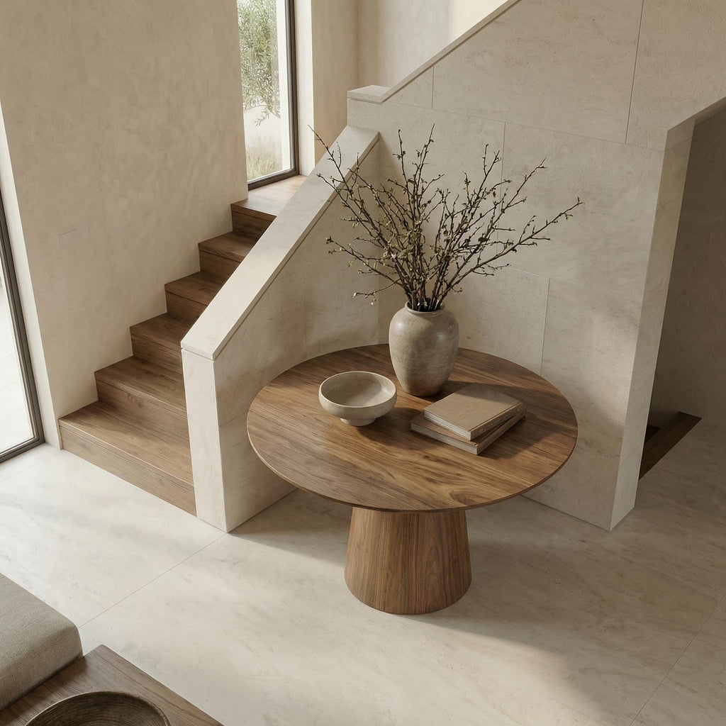 Minimalist Round Entryway Table, Solid Wood Modern Foyer & Hallway Accent Pedestal Table