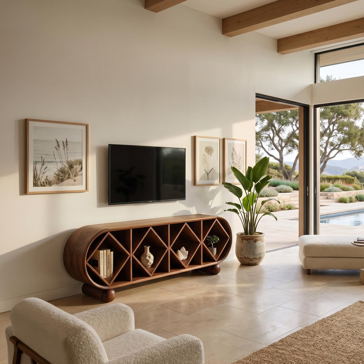 Contemporary Linear TV Console, Sleek Wooden Media Cabinet Sideboard for Living Room