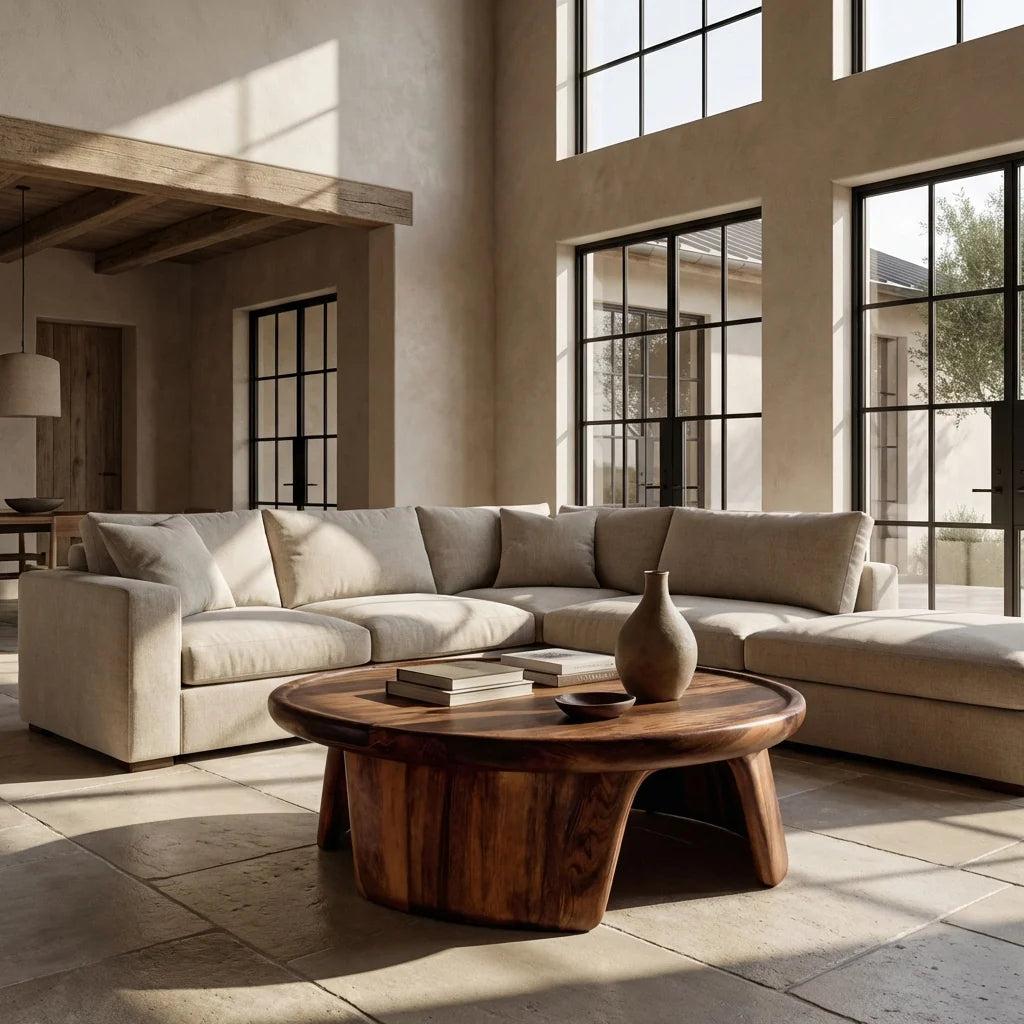 Modern Wooden Coffee Table with Triple Pedestal Base, Unique Round Wood Center Table for Living Room, Model