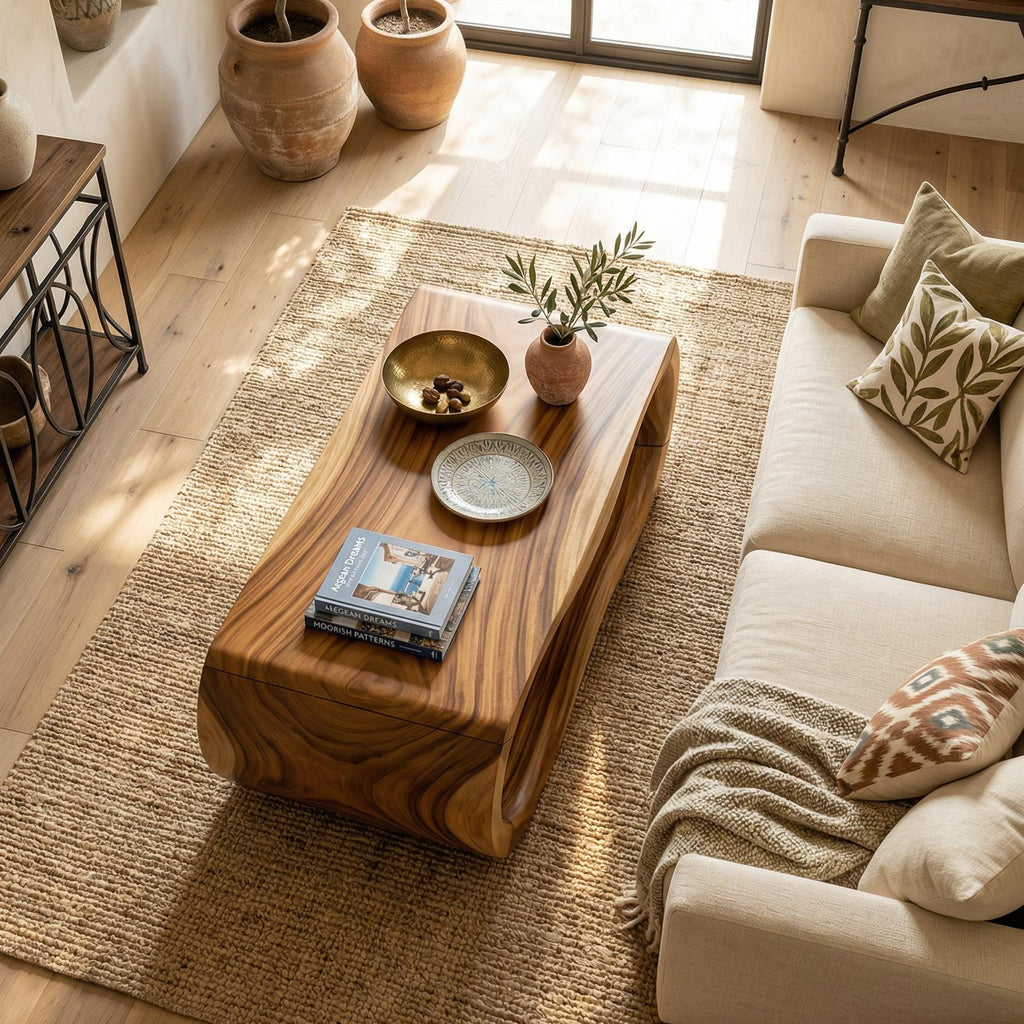 Luxury Sculptural Wood Coffee Table, Solid Wood Contemporary Accent Center Table for Designer Villa and Living Room