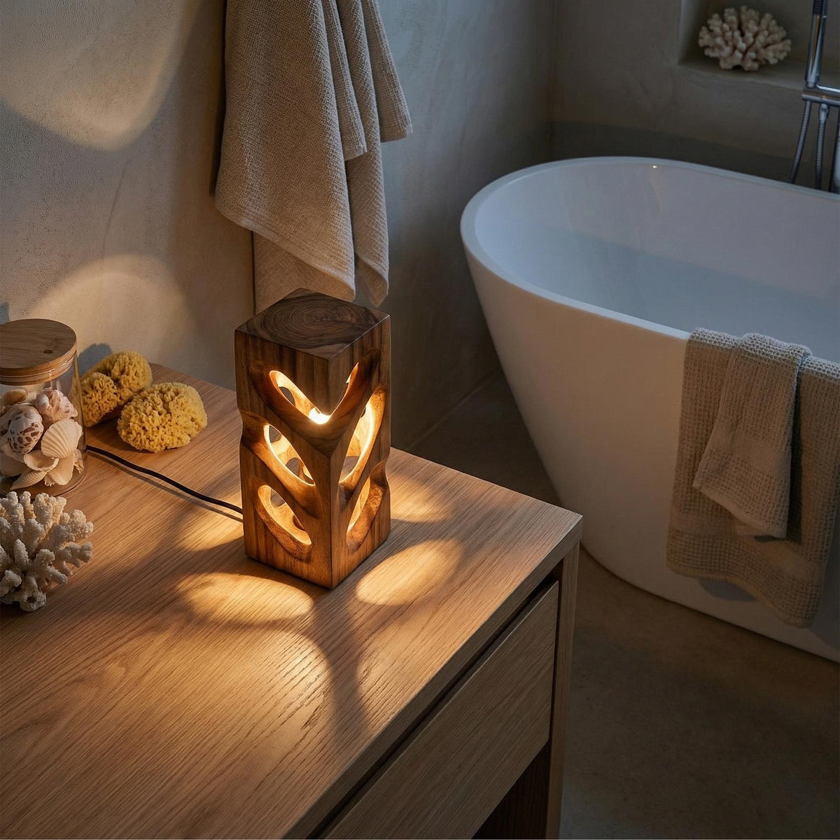Spry Interior Minimalist Artistic Wood Table Lamp, Modern Geometric Ambient Light for Living Room, Bedroom & Studio Corner, SILDTTRLAM018