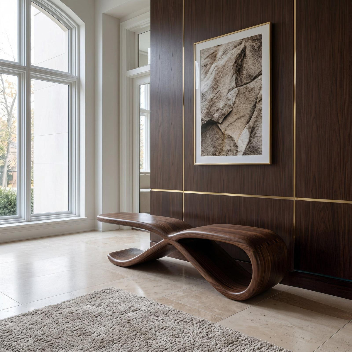 Contemporary Sculptural Wooden Bench For Hallway