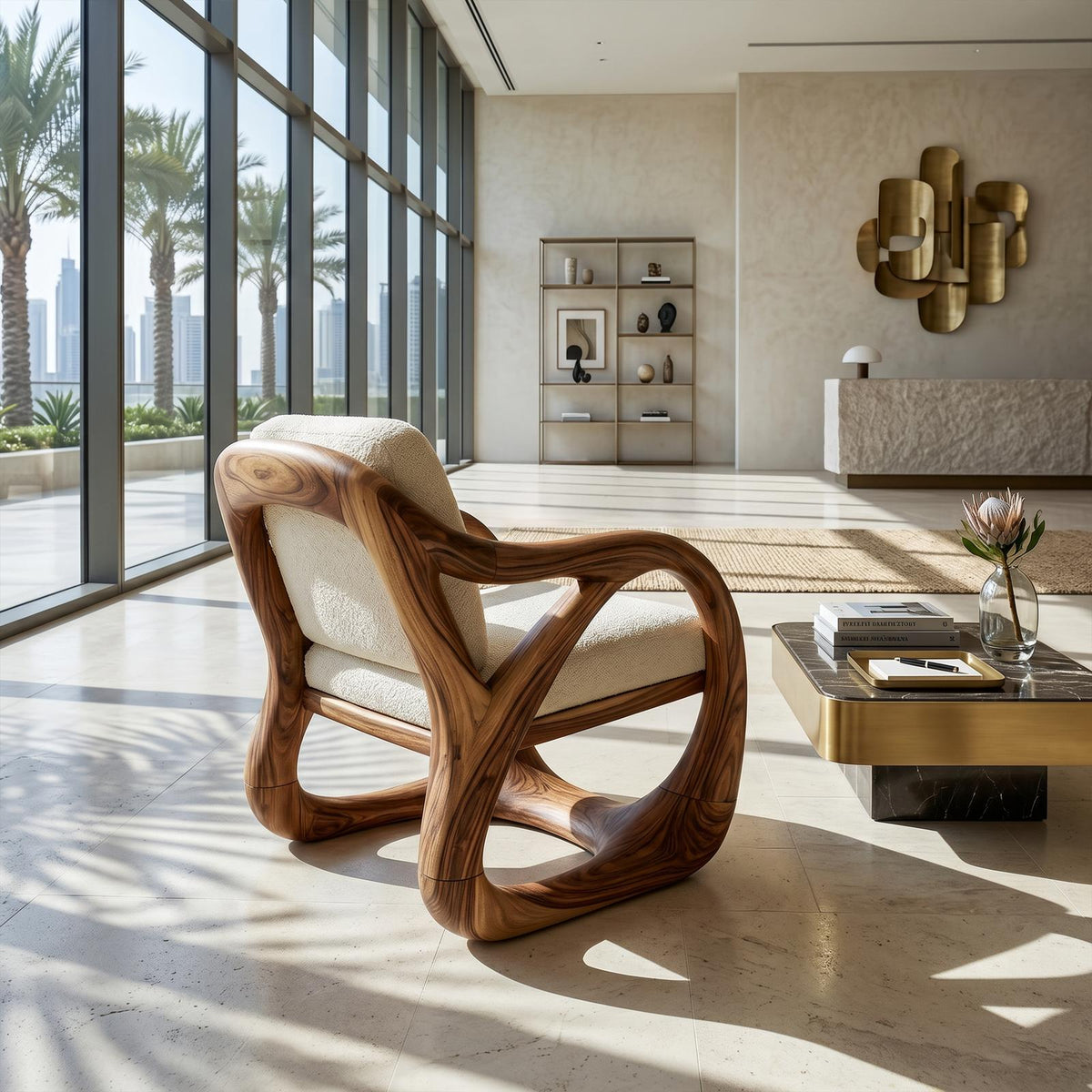 Sculpted Walnut Lounge Chair in a Grand Luxury Living Space SILDTTRCHR021