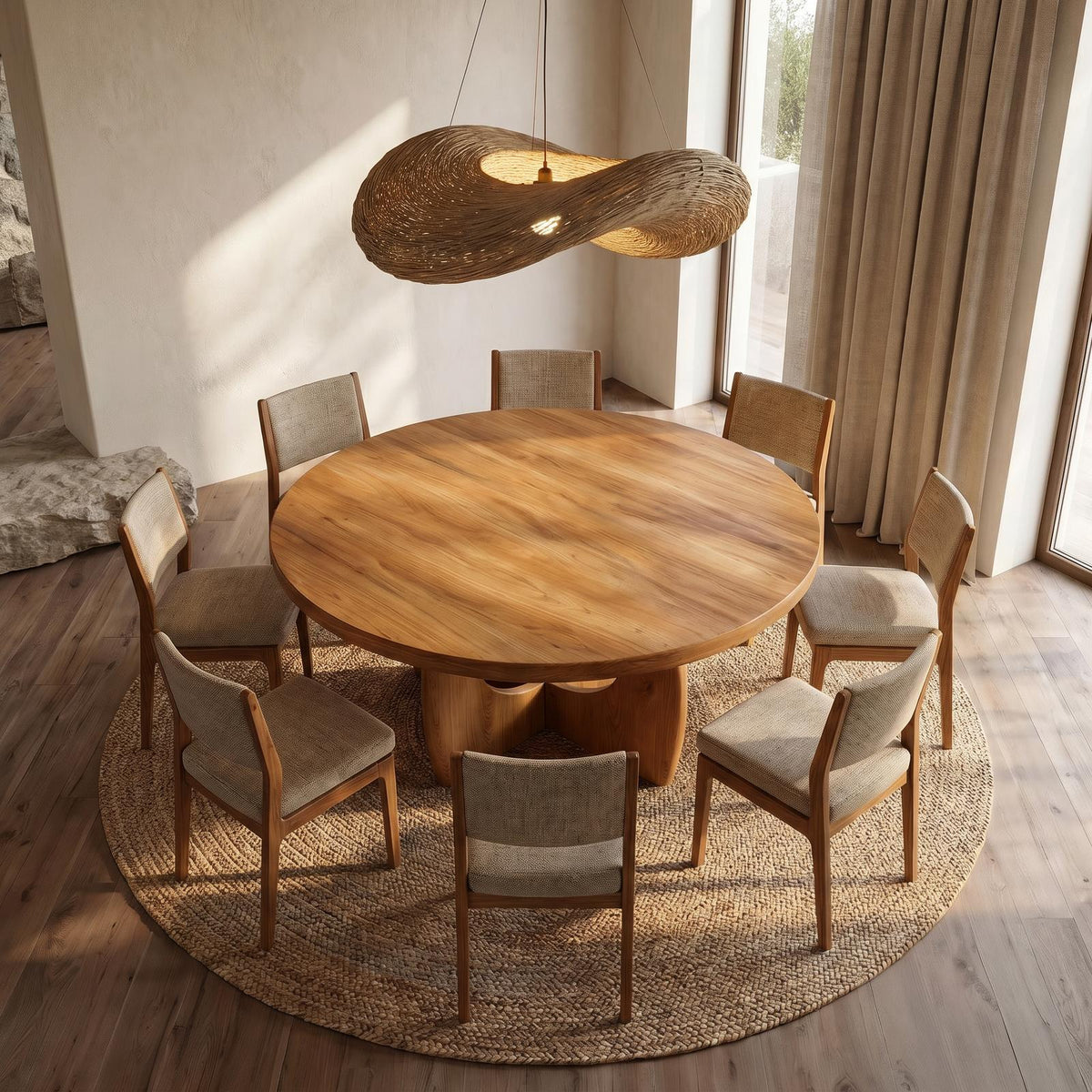 Organic Round Dining Table with Cutout Base, Handcrafted Solid Wood Kitchen Dining Room Table
