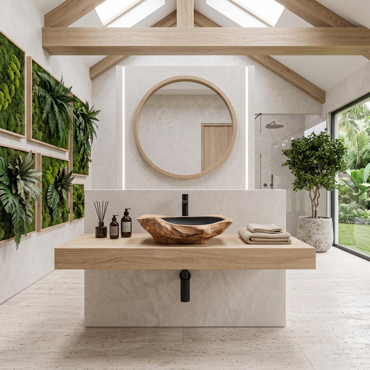 Handcrafted Solid Wood Sink, Live Edge Wooden Vessel Wash Basin Bowl with Natural Wood Grain Texture for Farmhouse Bathroom Vanity