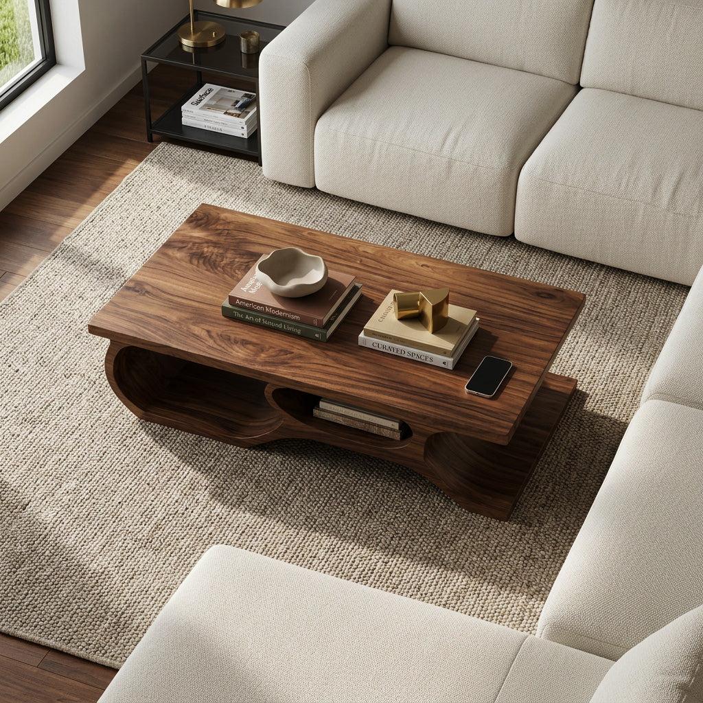 Organic Wooden Coffee Table with Open Shelf Design, Modern Low Profile Storage Center Table, Model