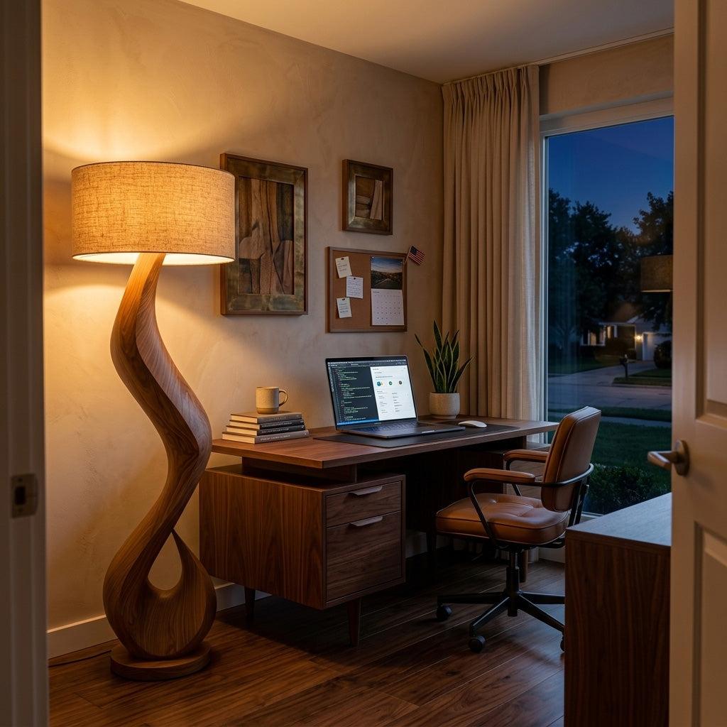 Modern Wooden Floor Lamp with Flowing Organic Form, Tall Standing Accent Light for Living Room Corner, Model
