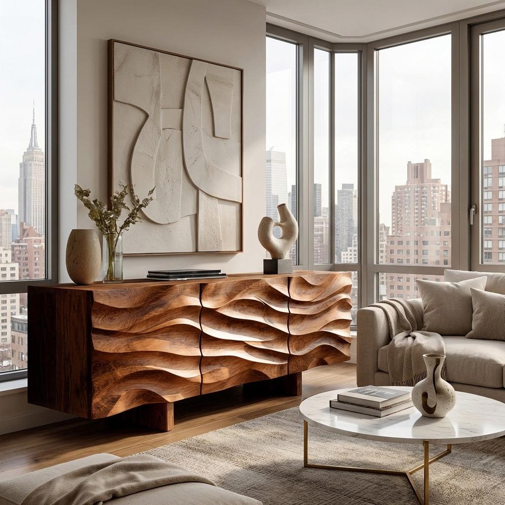 Organic Modern Wood Sideboard, Handcrafted Solid Wood Credenza & Storage Buffet Cabinet for Living Room, Model