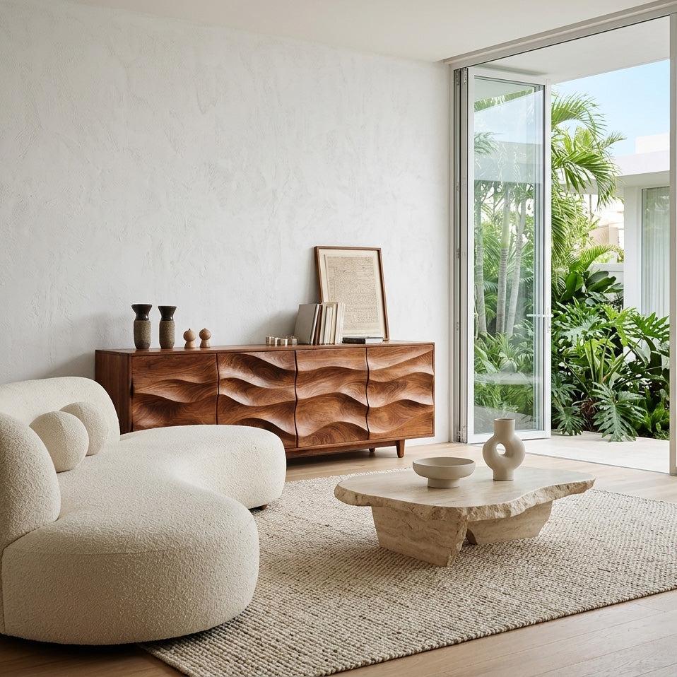 Rustic Wooden Sideboard with Undulating Doors, Handcrafted Solid Wood Credenza Storage Cabinet for Living Room, Model