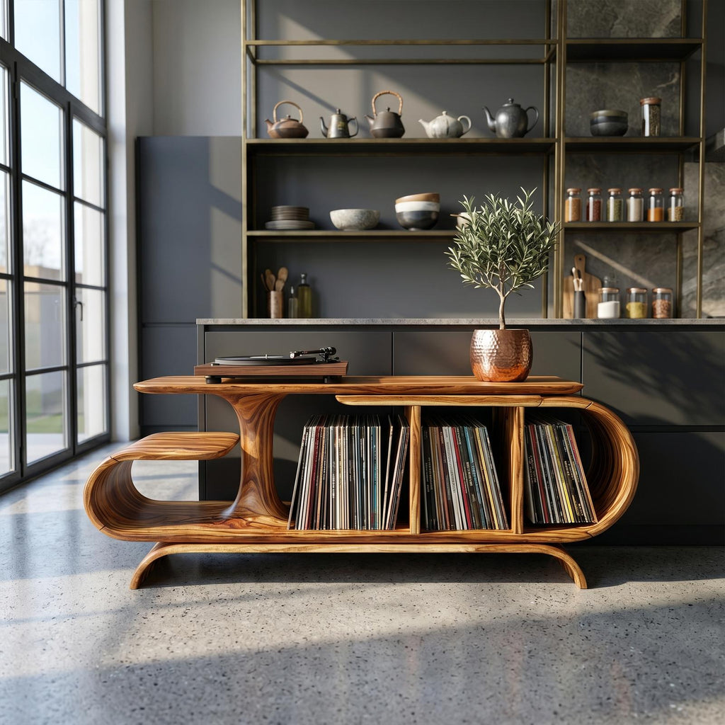 Organic Wave Wood Vinyl Record Cabinet, Handcrafted Modern Turntable Stand Storage Shelf for Living Room, Model