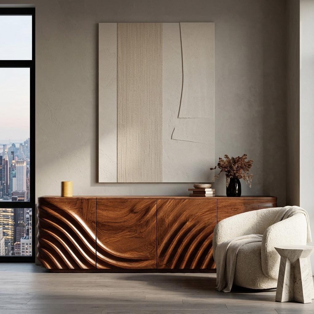 Spry Interior Modern Wooden Sideboard with Carved Door, Handcrafted Solid Wood Credenza Cabinet for Minimalist Living Space, Model RTTHHNSD039
