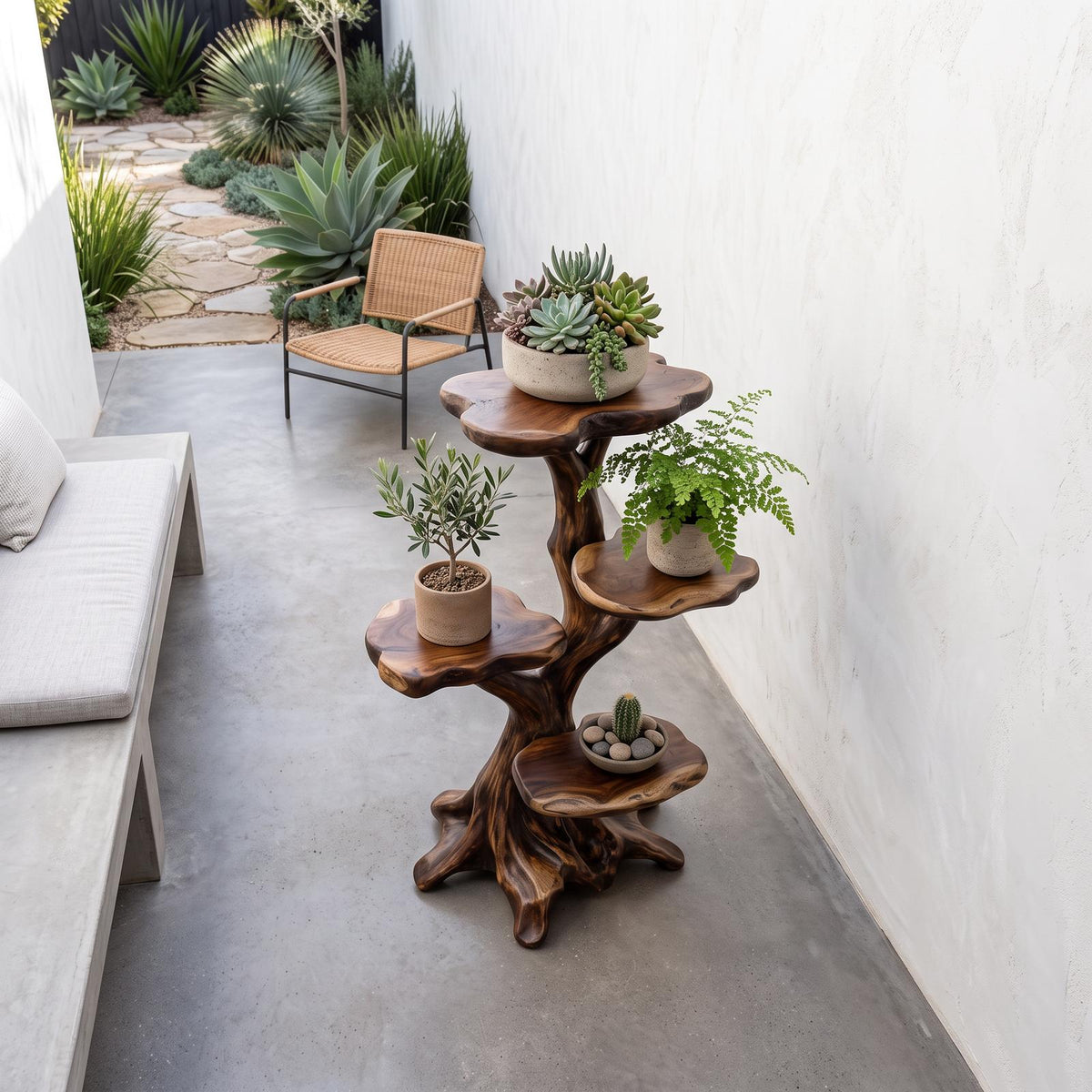 Organic Multi Tier Plant Stand With Sculptural Tree Design For Living Room And Sunroom SINLSAPT025