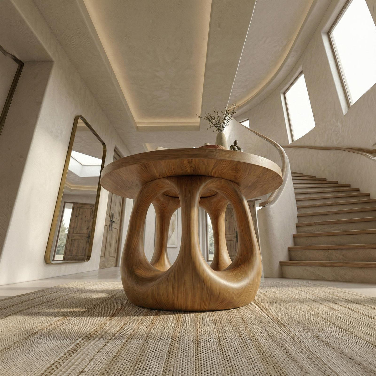 Modern Sculptural Foyer Table, Solid Wood Entryway Table, Geometric Pedestal Accent for Living Room