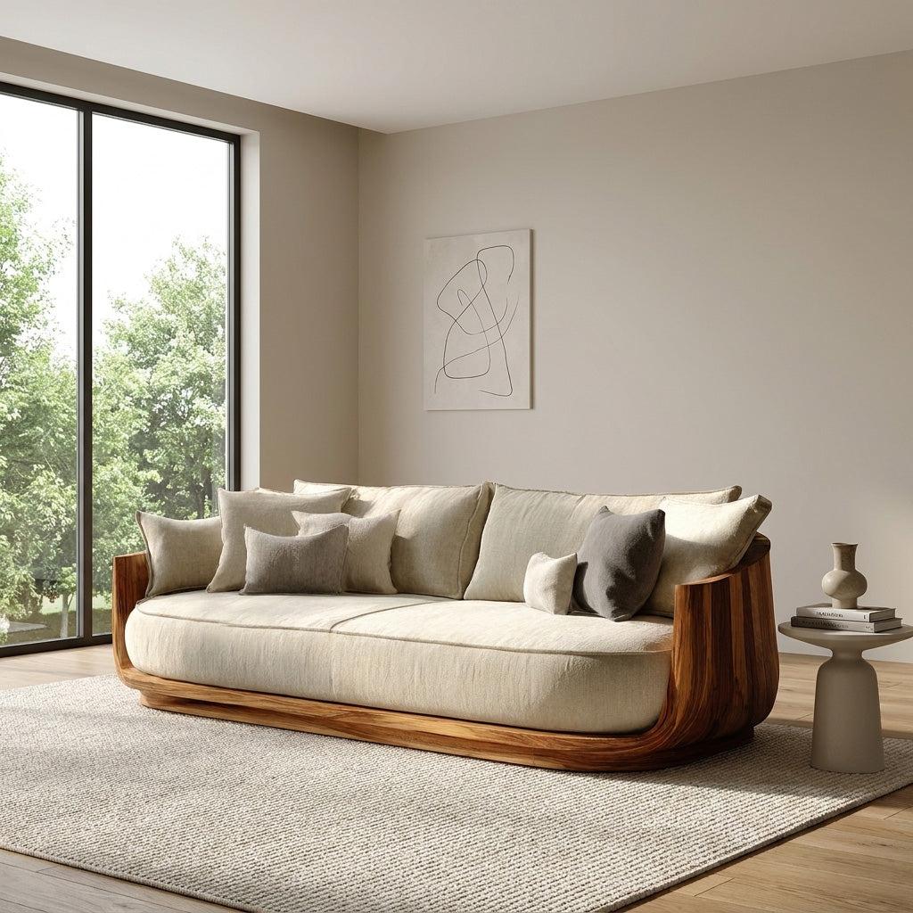 Modern Wooden Sofa with Flowing Rounded Edges, Contemporary Settee Loveseat, Living Room Designer Couch