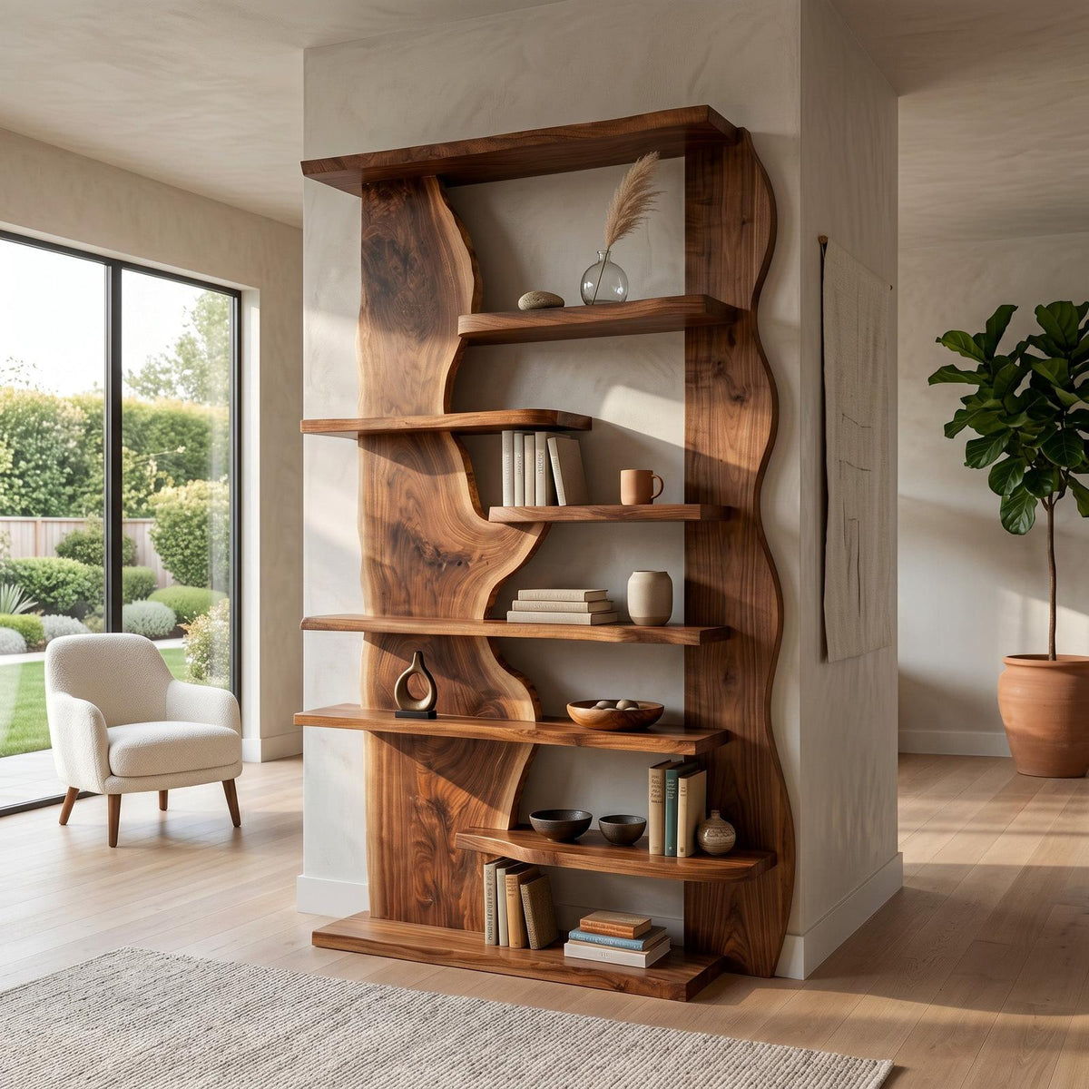 Organic Live Edge Wooden Standing Shelf, Rustic Tiered Bookcase Natural Slab Wood Display Rack for Living Room