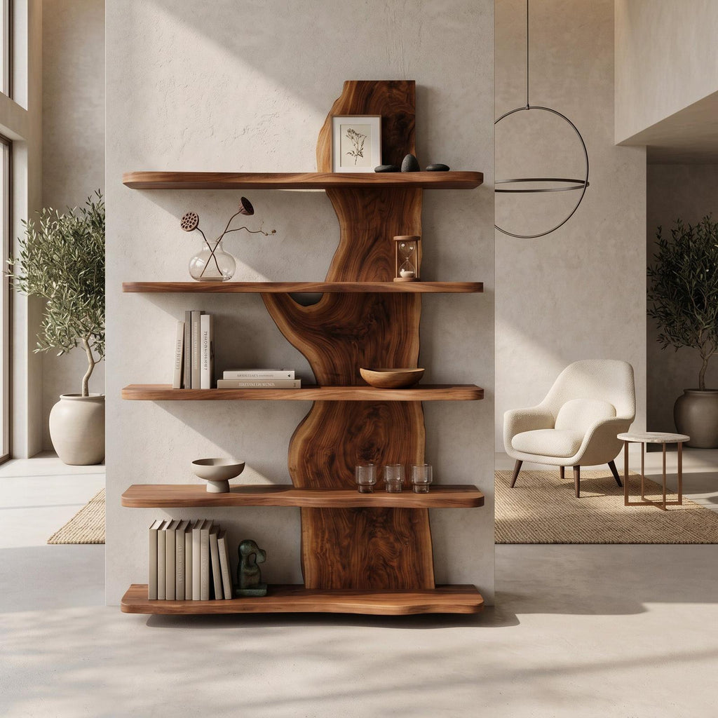 Handcrafted Natural Wood Standing Shelf, Rustic Tiered Bookcase Display Organizer, Artisan Timber Storage Rack