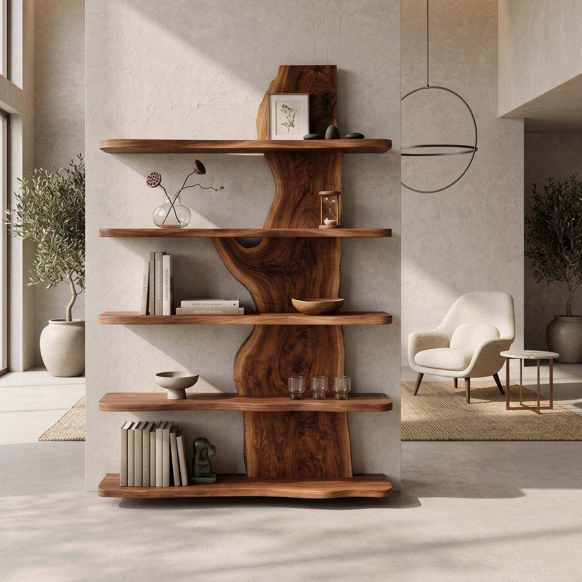 Handcrafted Natural Wood Standing Shelf, Rustic Tiered Bookcase Display Organizer, Artisan Timber Storage Rack