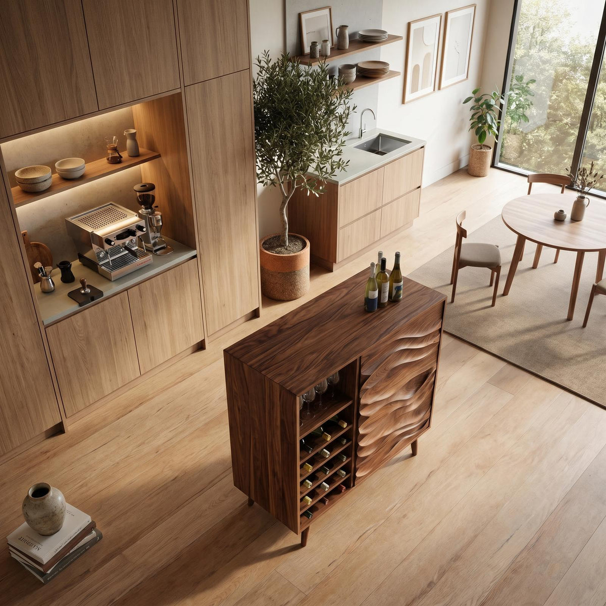 Spry Interior Sculptural Wood Wine Cabinet with Wave Carved Doors, Storage Buffet Credenza for Dining Room, Kitchen & Bar, SITHTTBCA013