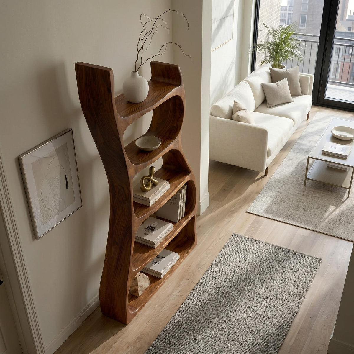 Elegant Natural Wood Standing Shelf, Tiered Entryway Display Organizer, Modern Timber Bookcase Storage Rack