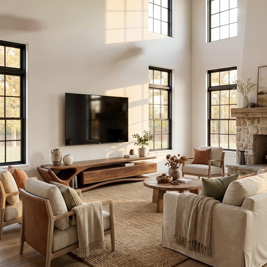 Contemporary Wooden TV Cabinet, Modern Living Room Area Media Console Credenza, Rustic Wood TV Stand