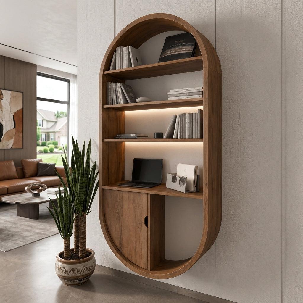 Arched Wooden Wall Bookshelf with Cabinet & Lighting, Solid Wood Storage Bookcase for Living Room, Home Office