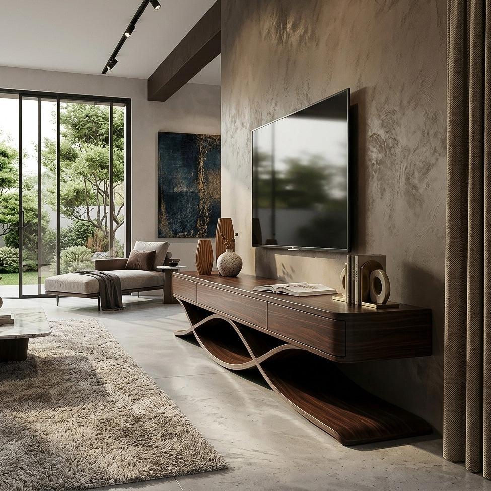 Modern TV Console With Interlocking Sculptural Base For Living Room