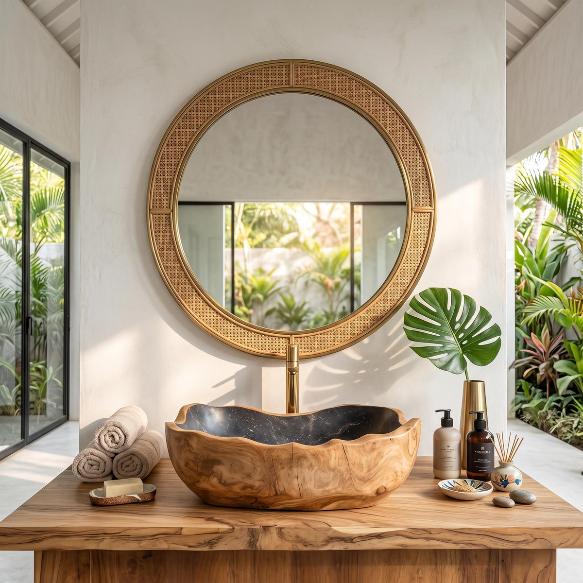 Mid-Century Solid Wood Vessel Sink, Handcrafted Organic Shape Bathroom Wash Basin for Modern Luxury Vanity Decor