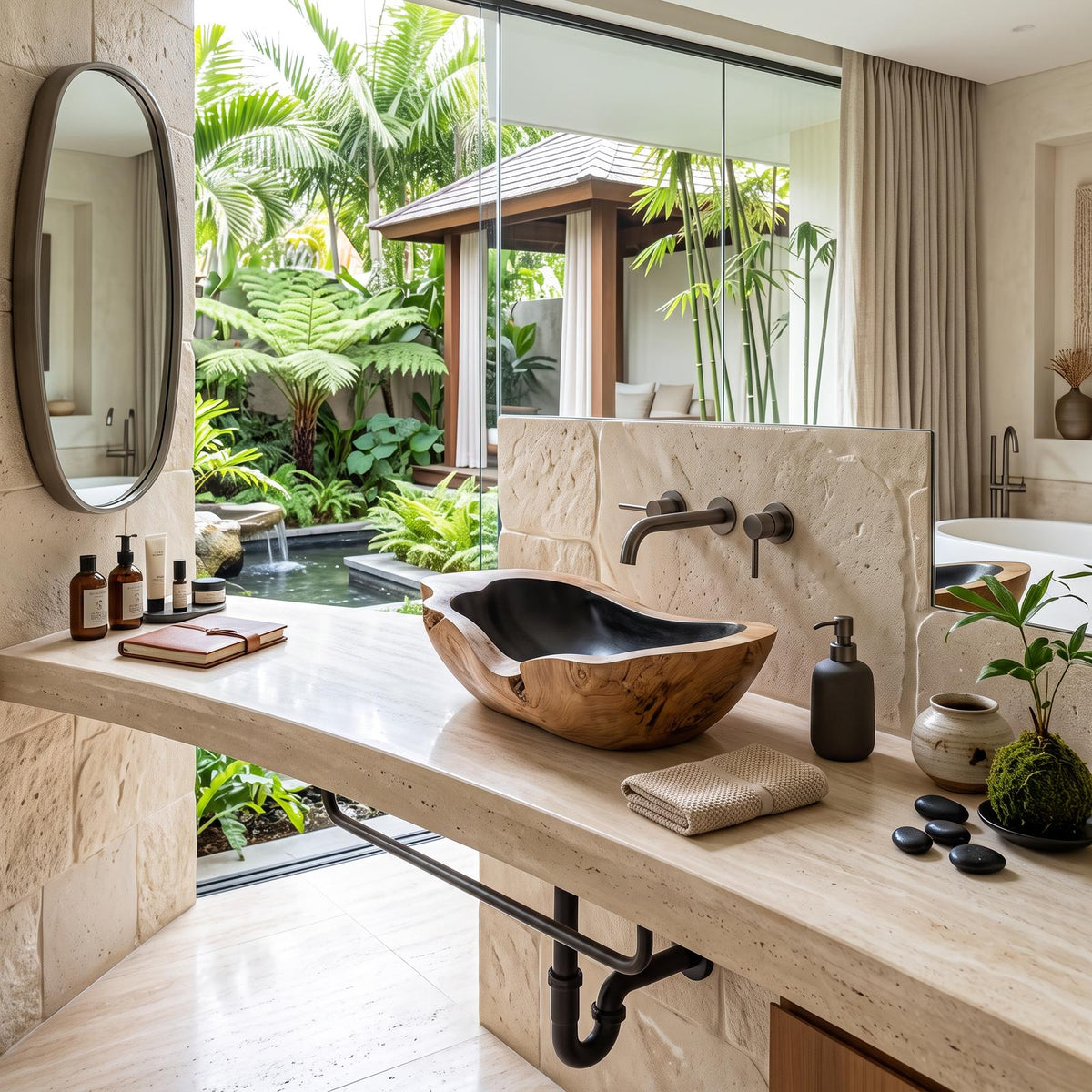 Handcrafted Wooden Vessel Sink, Eco-Friendly Rustic Solid Wood Wash Basin for Master Bathroom Vanity & Art Decor