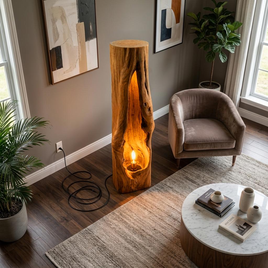 Rustic Wooden Floor Lamp, Sculptural Solid Wood Standing Accent Light with Shade for Cozy Bedroom, Model