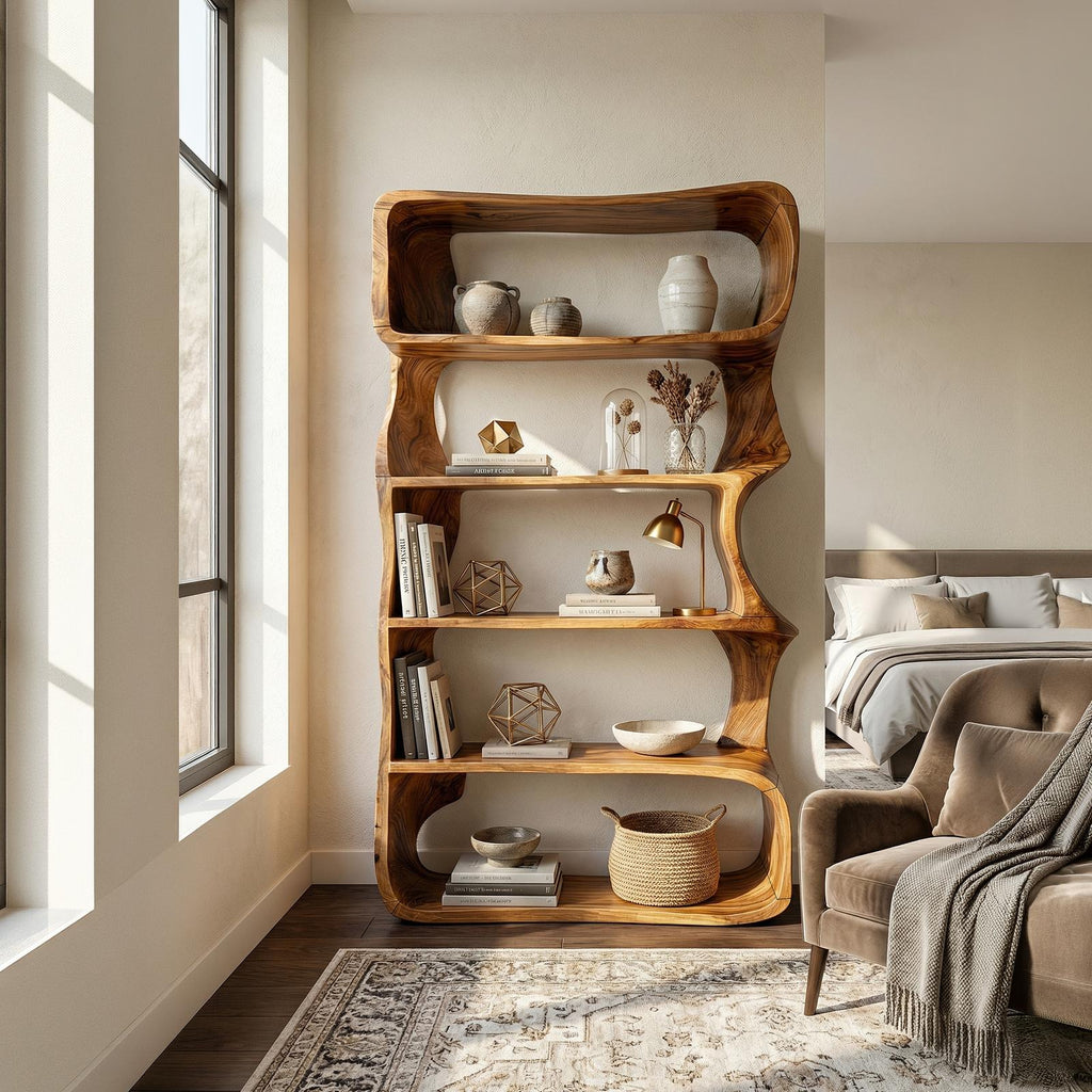Organic Wooden Bookshelf, Handcrafted Solid Wood Display Rack & Geometric Bookcase for Living Room & Home Office