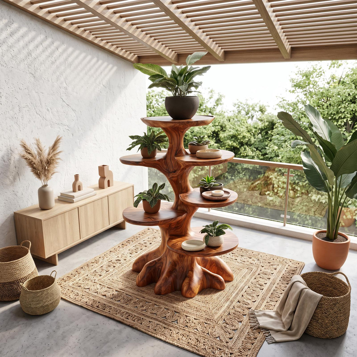 Rustic Indoor Plant Stand With Tree Stump Form For Sunroom And Patio SINLSAPT031