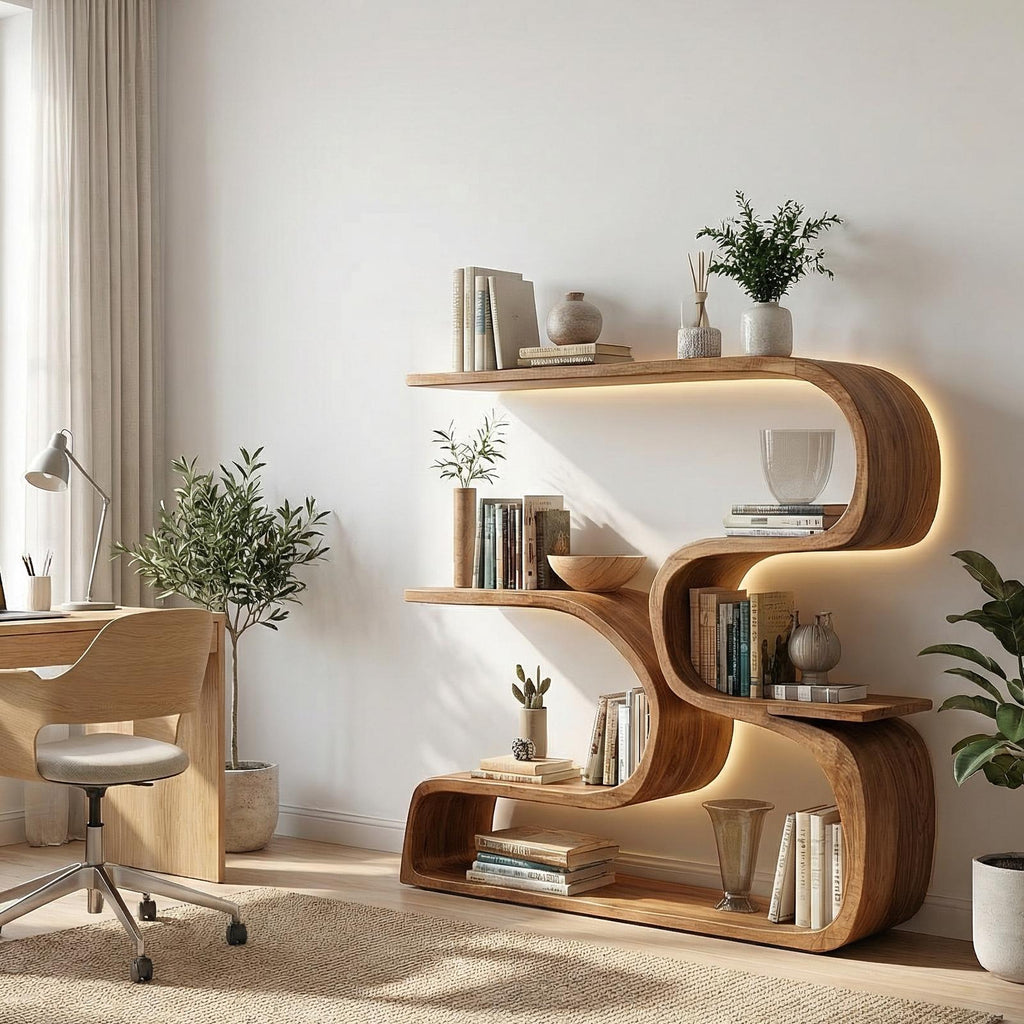 Rustic Artistic Solid Wood Bookshelf, Unique Floating Wall Book Display Shelf for Living Room Wall Decor