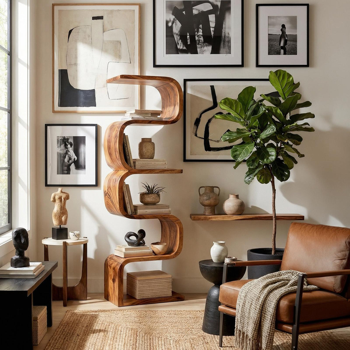 Rustic Farmhouse Wavy Bookshelf, Unique Wooden Bookcase Storage Shelf for Living Room & Bedroom