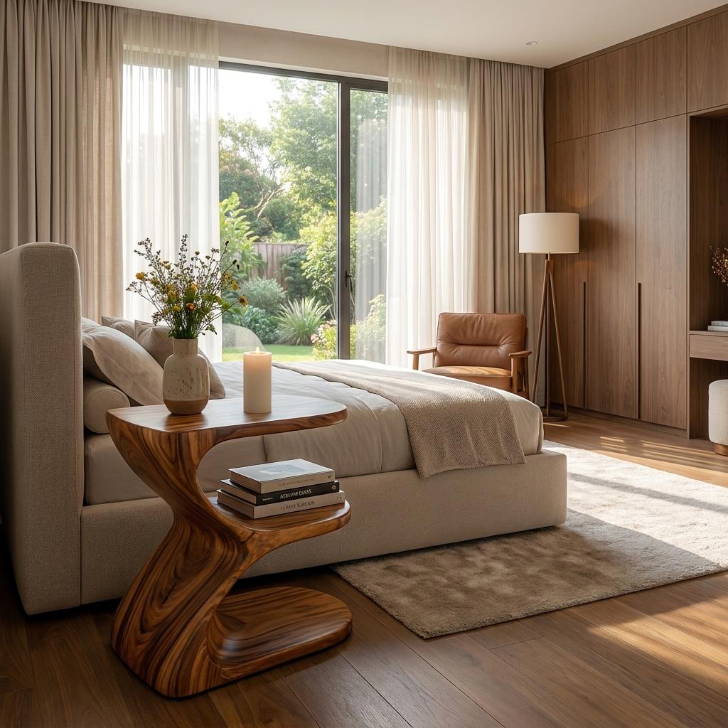 Modern Natural Wood Nightstand, Unique E-Shape Bedside Table with Open Shelves for Bedroom, Model