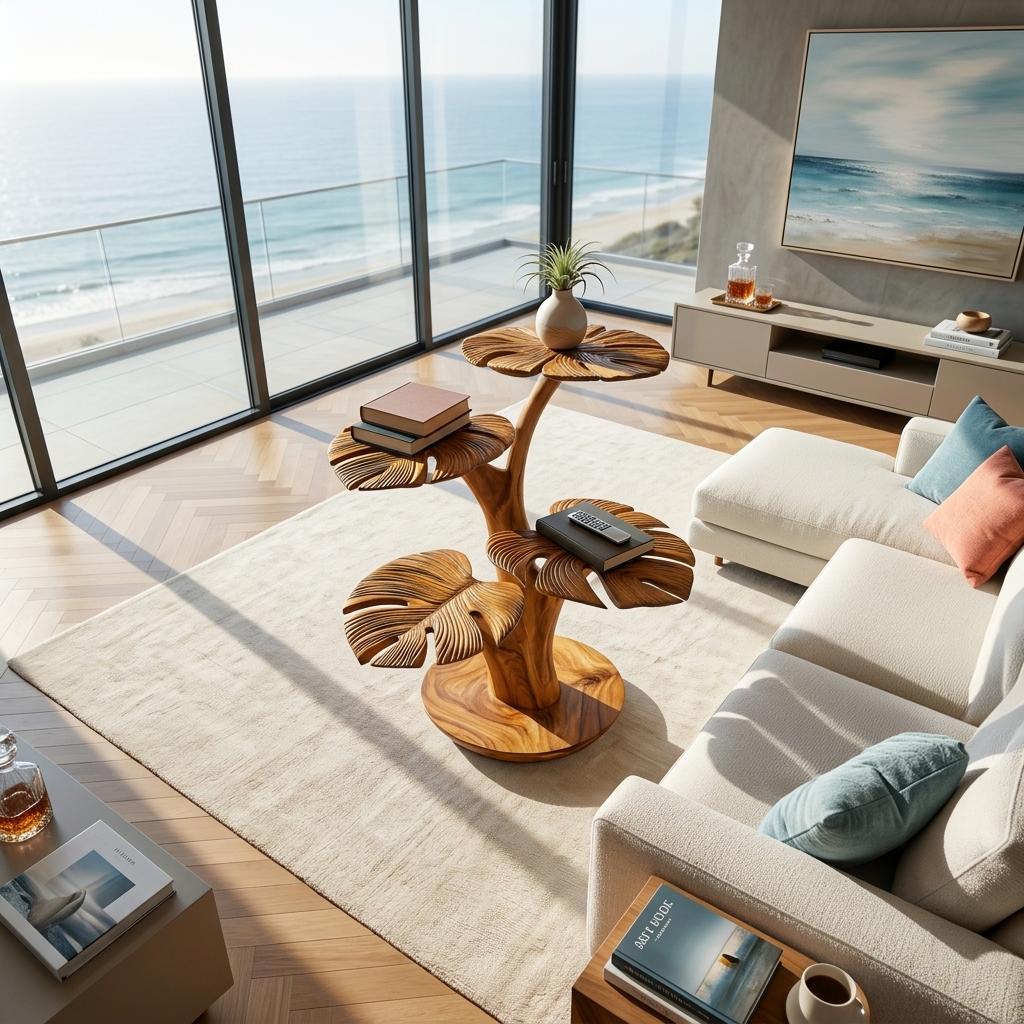 Organic Wooden Side Table with Multi-branched Tabletop, Handcrafted Solid Wood End Table for Living Room, Model