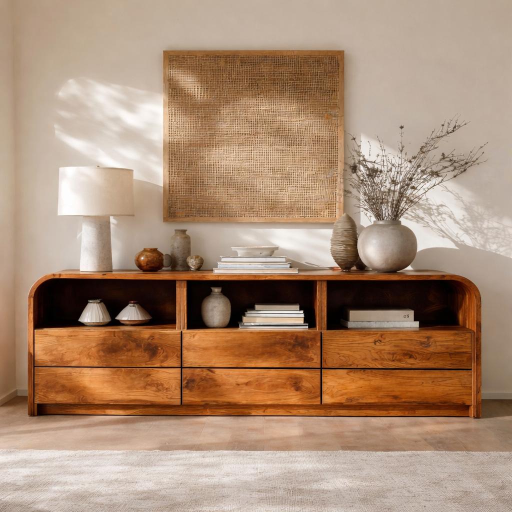 Modern Natural Wood Sideboard with Open Shelf, Handcrafted Solid Wood Credenza Cabinet for Living Room, Model