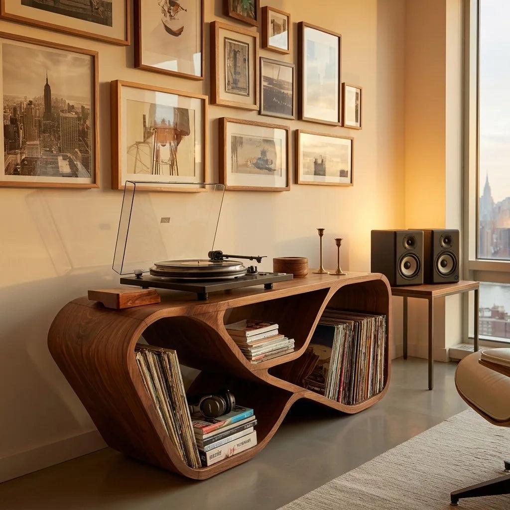 Organic Record Player Cabinet With Curved Shelving For Living Room