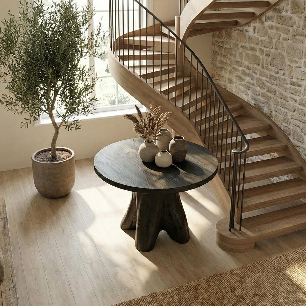 Modern Sculptural Foyer Table, Solid Wood Pedestal Entryway Accent Table for Living Room