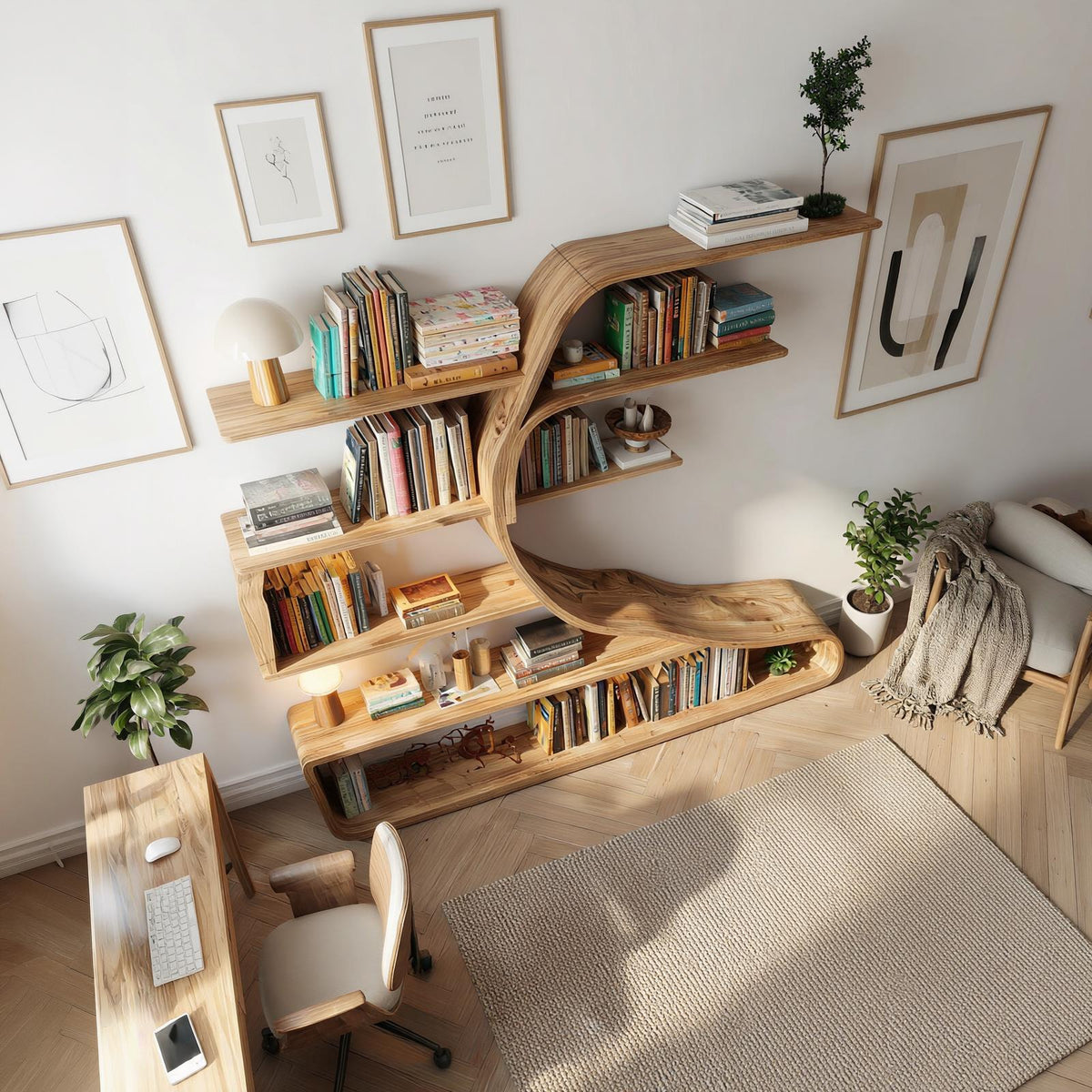 Rustic Sculptural Wood Wall Bookshelf, Floating Tree-Shape Book Display Shelf for Bedroom & Living Room