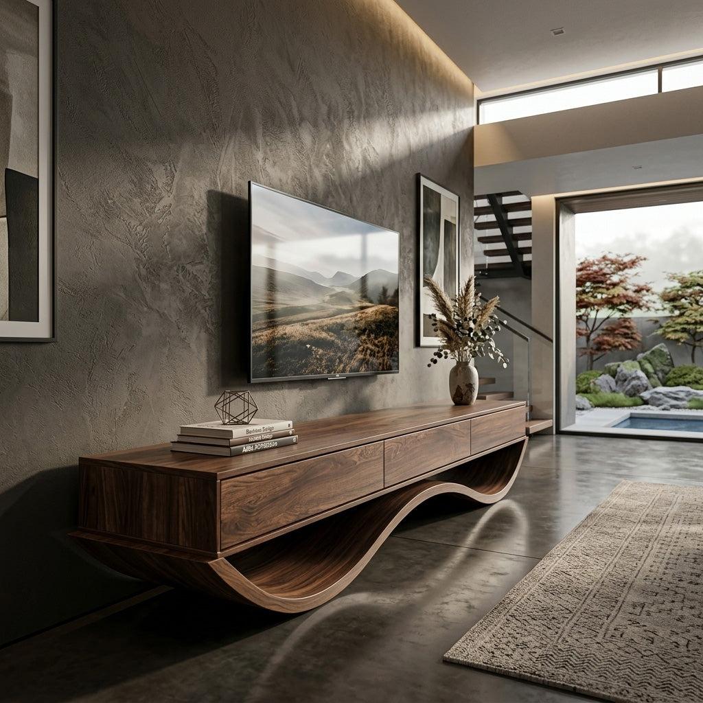 Modern Sculptural TV Console With Curved Base For Living Room