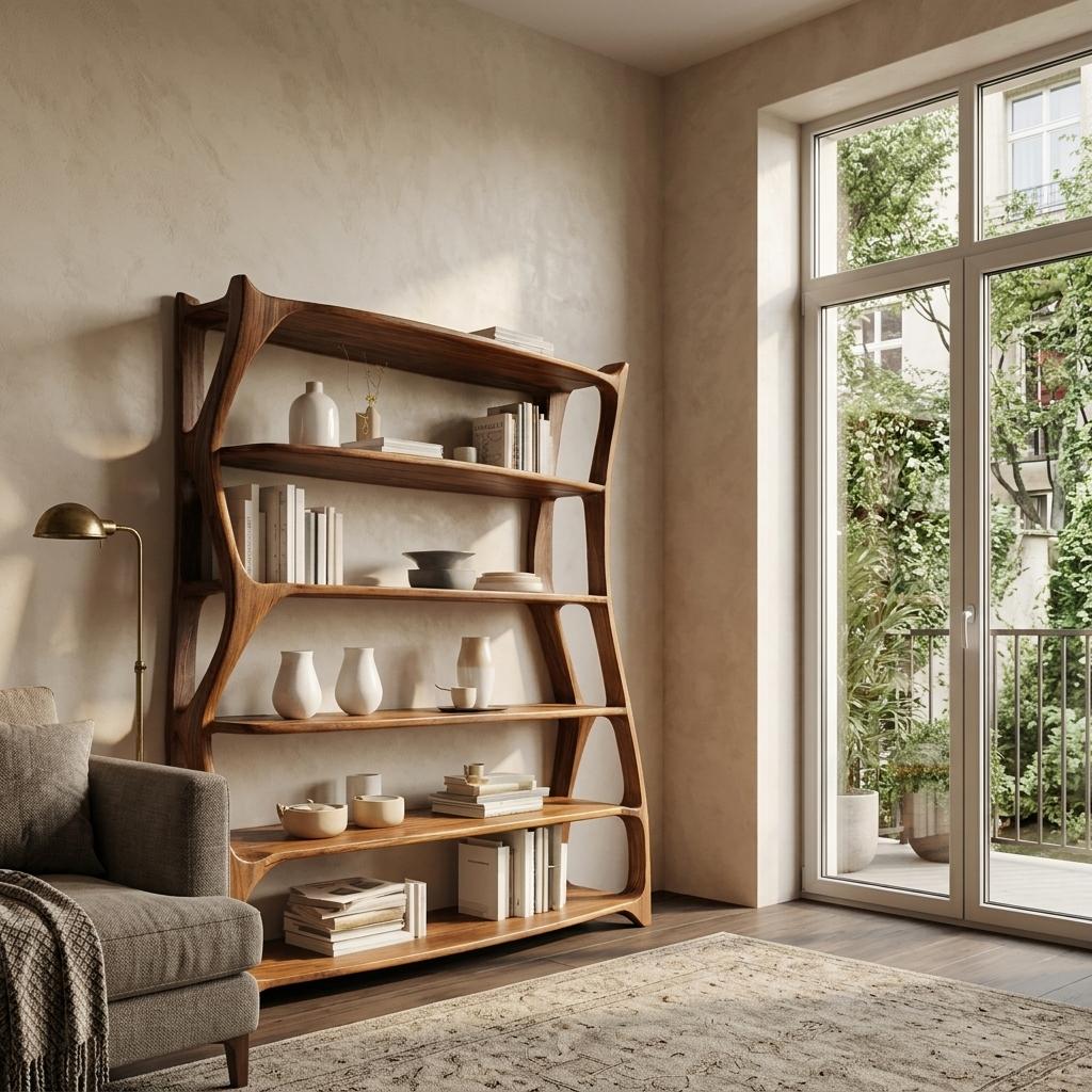 Elegant Wooden Standing Shelf with Storage Tiers, Modern Timber Bookcase Display Rack for Living Room Decor
