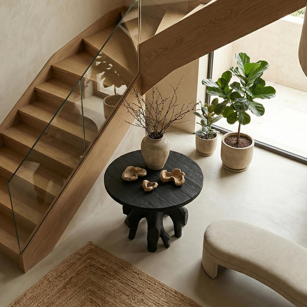 Organic Sculptural Foyer Table, Solid Wood Round Entryway Accent Table for Living Room